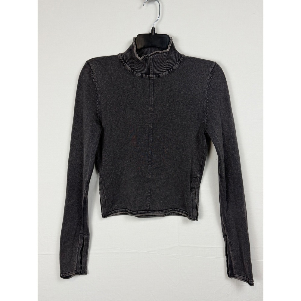 Zara Women Top Size M Gray Acid Wash Ribbed Mock Neck Hook Eye Cuffs